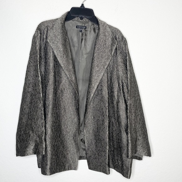 Eileen Fisher Gray Metallic Silk Blend Jacket Crinkle Texture Size XL Open Front - Picture 1 of 8